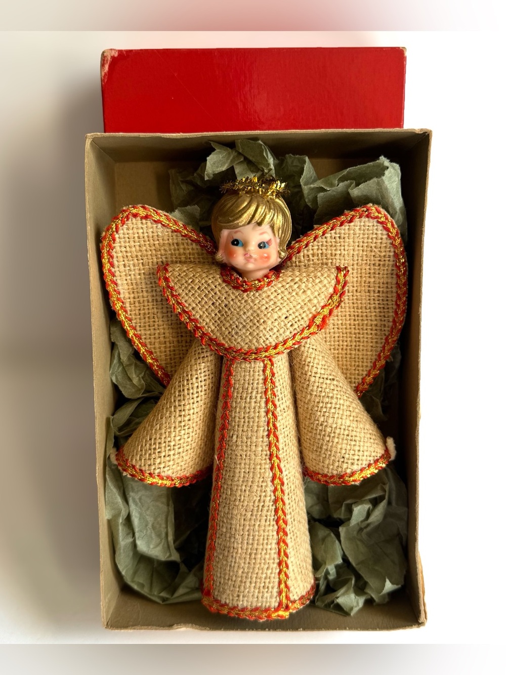 Vintage MCM Kitsch Gold Burlap Angel Tree Topper In Box 8”
